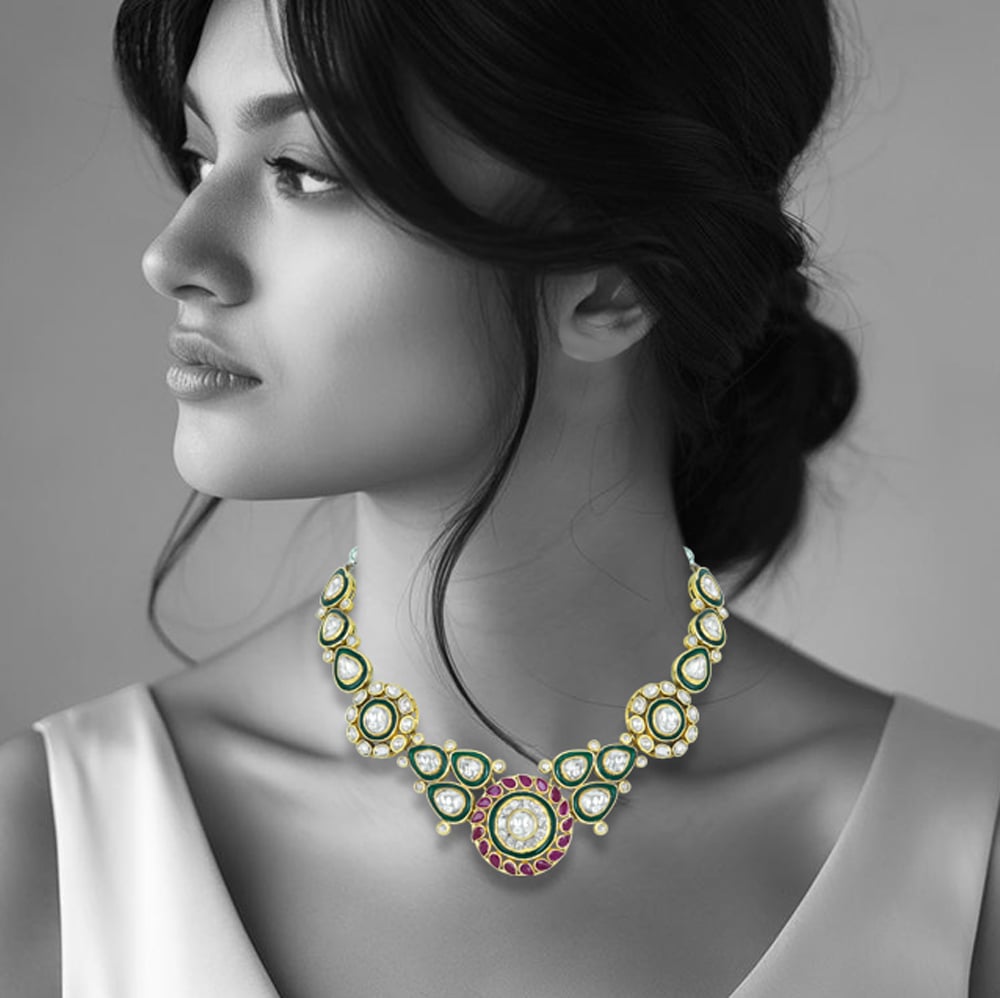 Polki Necklace with Red Rubies and Green Enamel